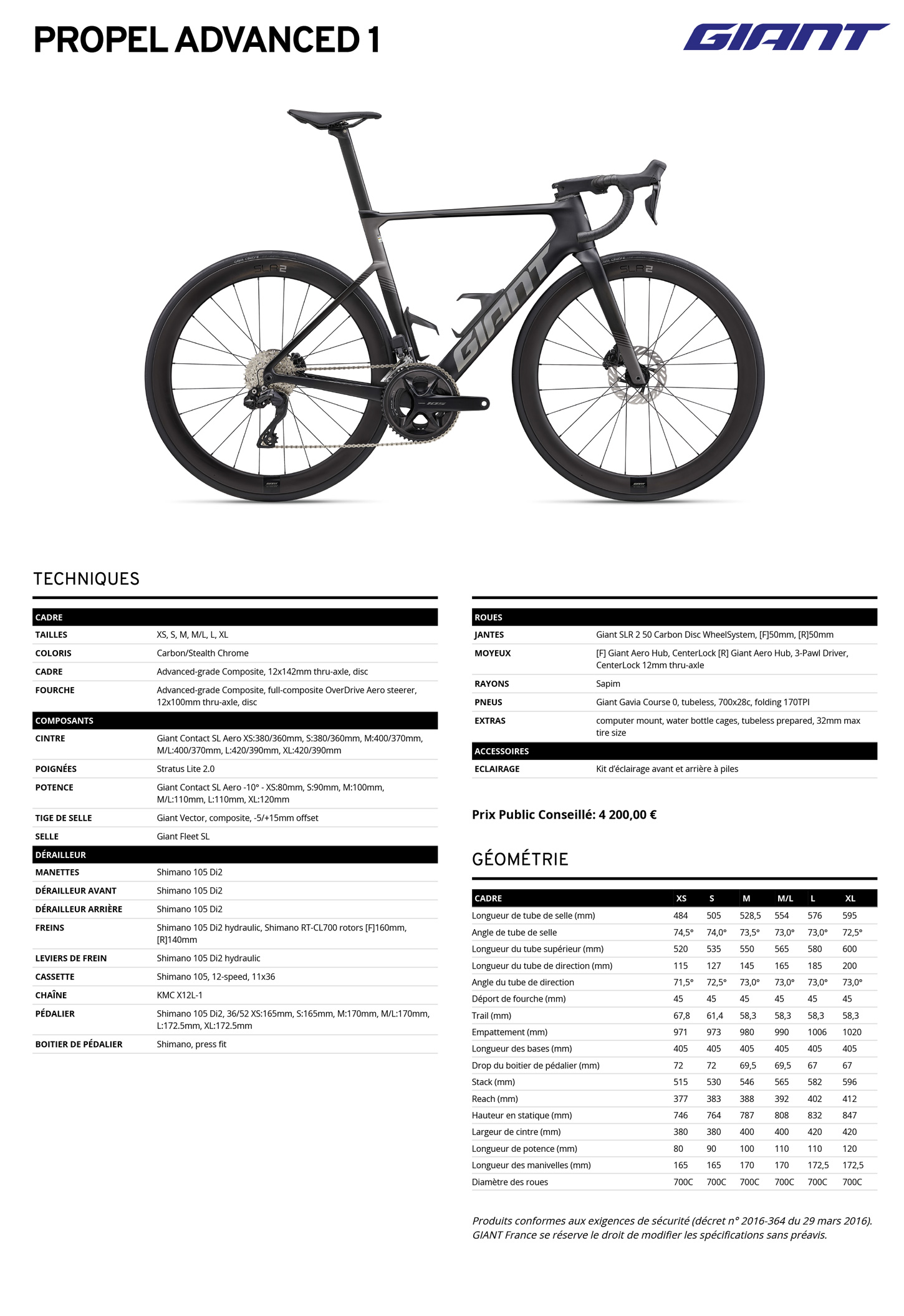 Fiche technique du velo Propel Advanced 1 Disc année 2027
